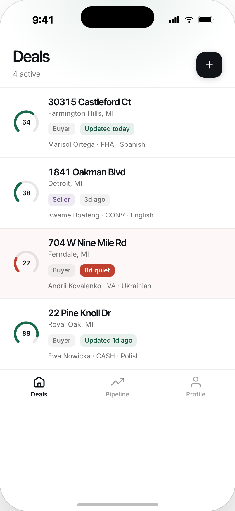 The Keyway agent app: the deals list with completion arcs, buyer and seller chips, and staleness at a glance